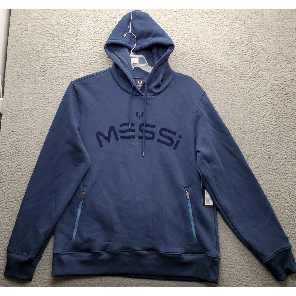 Messi Collection Hoodie Mens Large Navy Cotton Fleece Lined Ribbed Hem & Cuff